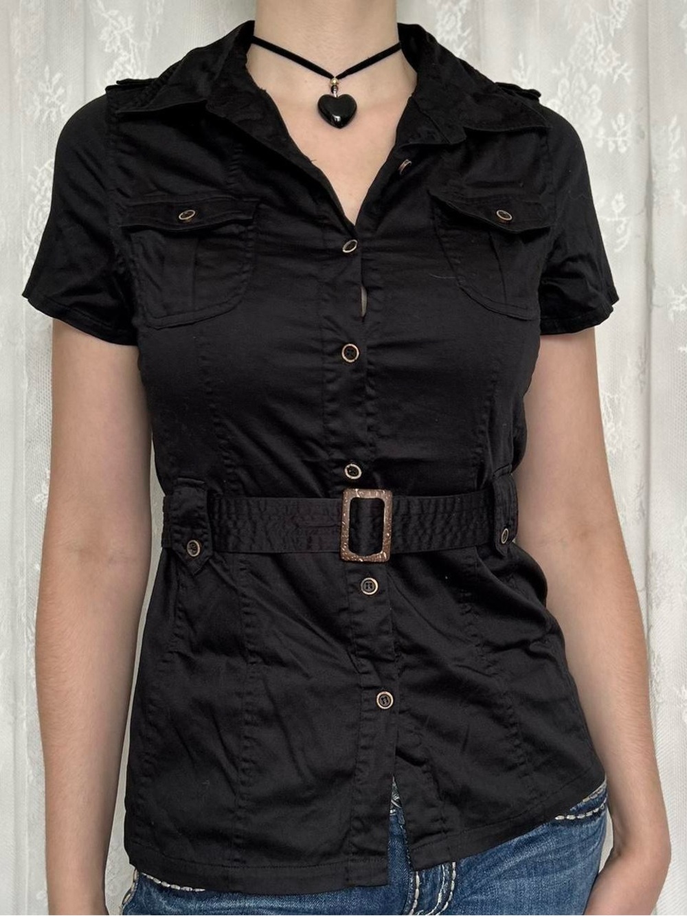 Y2K 2000s Black Cargo Utility Blouse